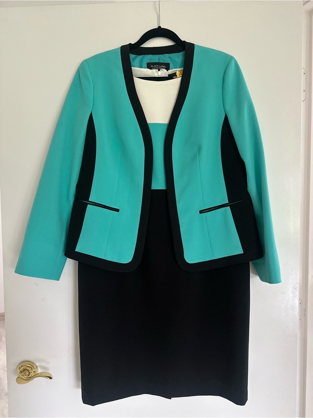 Black Label Teal and Black Contrast Trim Blazer with Color Block Sheath Dress